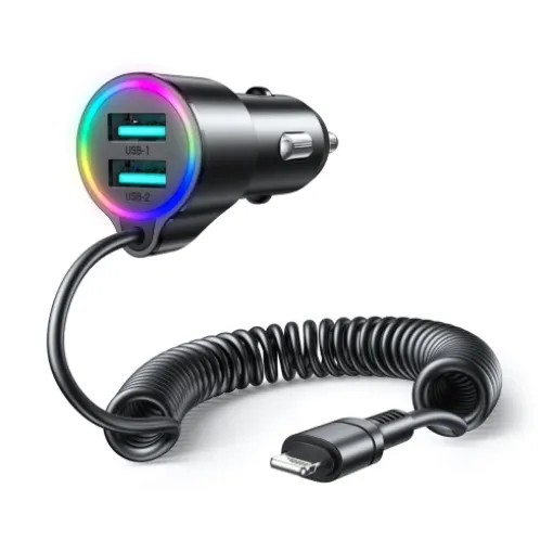 Picture of JR-CL25 17W 3.4A 3-in-1 Car Charger with Coiled Lightning Cable Black