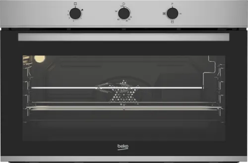 صورة فرن غاز مدمج من بيكو، 90 سم، سعة 96 لتر، مزود بمروحة تبريد، مصنوع من الفولاذ الآمن بالكامل.