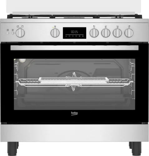 صورة موقد غاز بيكو 90 سم، 5 شعلات، مصنوع من الفولاذ المقاوم للصدأ والحديد الزهر، مزود بمروحة، مقلاة من الحديد الزهر