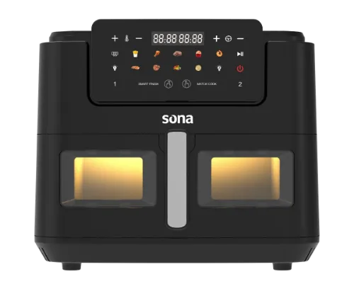 صورة مقلاة سونا الهوائية سعة 10 لتر، لون أسود، 2600 واط، مزودة بفاصل درج شفاف للطهي على جانبين أو جانب واحد