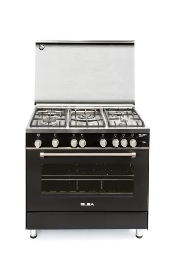 صورة طباخ غاز إلبا 90 سم لون اسود ووجه علوي ستيل مع مروحتين للتبريد والتوزيع
