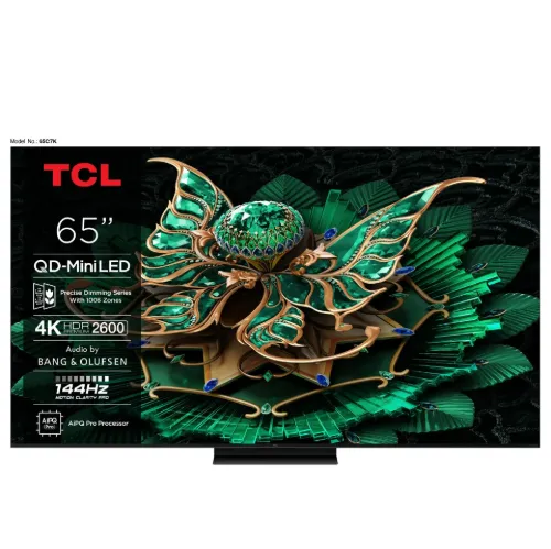 Picture of TCL 65C7K is a 65-inch TCL Premium QD-MiniLED TV with up to 2600 nits of HDR brightness, CrystGlow HVA panel, 144Hz refresh rate, Bang & Olufsen audio, and a slim design.