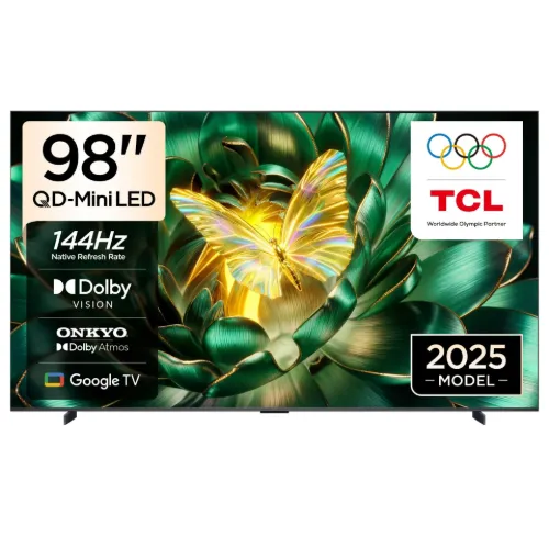Picture of TCL 98C6K is a giant 98-inch Premium QD-MiniLED TV with accurate dimming up to 512 zones, high HDR brightness, matte HVA panel, ONKYO 2.1 sound system, 144Hz refresh rate in a slim design.